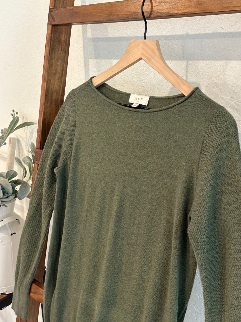 LOFT Outlet Hunter Green Long Sleeve Tunic Sweater Small Textured Sleeves - Picture 3 of 13
